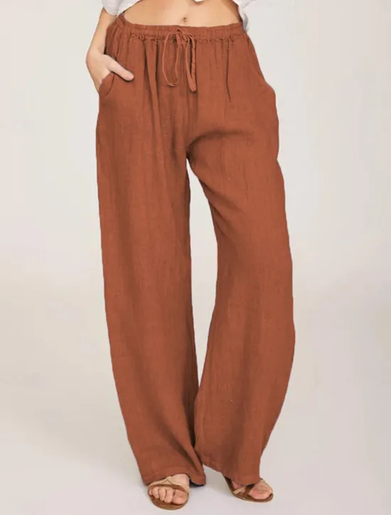 Clearance Women's Cotton Linen Pants Comfort Pure Color Pocket Elastic Waist Breathable Micro-elastic Home Black White Wine Navy Blue Summer Women Pants