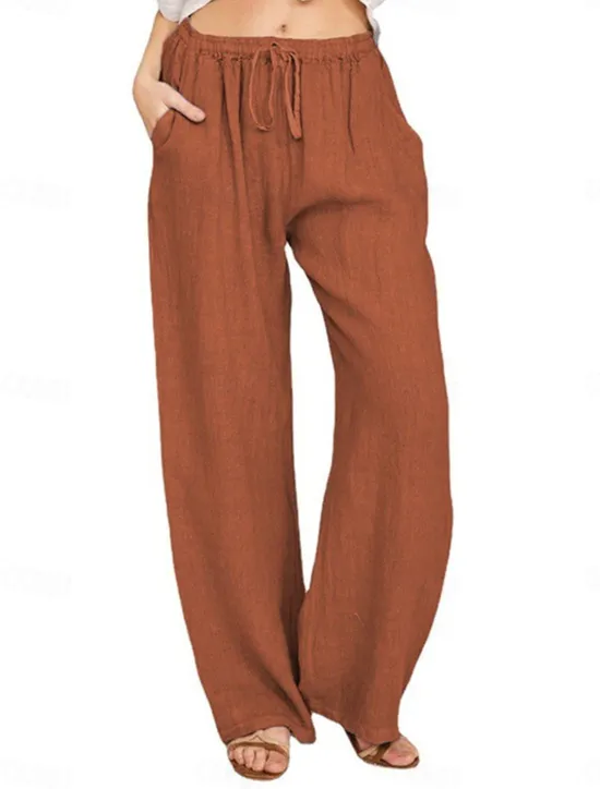Clearance Women's Cotton Linen Pants Comfort Pure Color Pocket Elastic Waist Breathable Micro-elastic Home Black White Wine Navy Blue Summer Women Pants