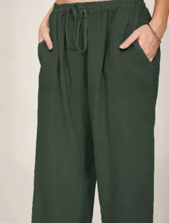 Clearance Women's Cotton Linen Pants Comfort Pure Color Pocket Elastic Waist Breathable Micro-elastic Home Black White Wine Navy Blue Summer Women Pants