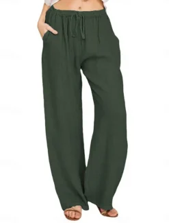 Clearance Women's Cotton Linen Pants Comfort Pure Color Pocket Elastic Waist Breathable Micro-elastic Home Black White Wine Navy Blue Summer Women Pants