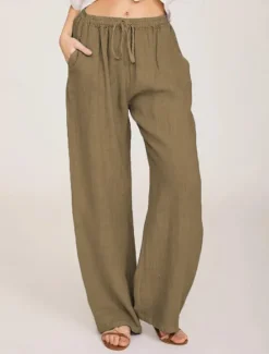 Clearance Women's Cotton Linen Pants Comfort Pure Color Pocket Elastic Waist Breathable Micro-elastic Home Black White Wine Navy Blue Summer Women Pants