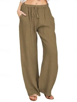 Clearance Women's Cotton Linen Pants Comfort Pure Color Pocket Elastic Waist Breathable Micro-elastic Home Black White Wine Navy Blue Summer Women Pants