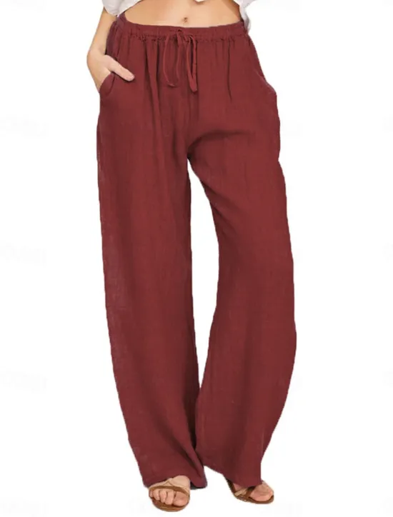 Clearance Women's Cotton Linen Pants Comfort Pure Color Pocket Elastic Waist Breathable Micro-elastic Home Black White Wine Navy Blue Summer Women Pants