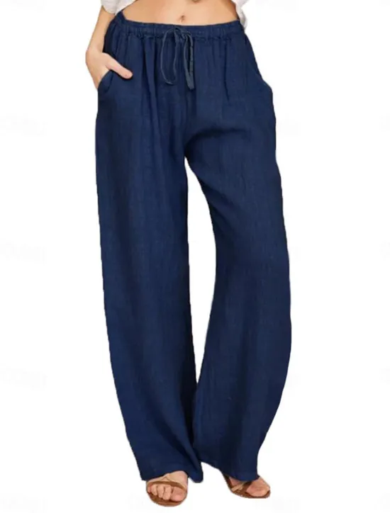Clearance Women's Cotton Linen Pants Comfort Pure Color Pocket Elastic Waist Breathable Micro-elastic Home Black White Wine Navy Blue Summer Women Pants