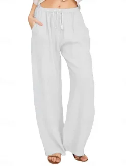 Clearance Women's Cotton Linen Pants Comfort Pure Color Pocket Elastic Waist Breathable Micro-elastic Home Black White Wine Navy Blue Summer Women Pants