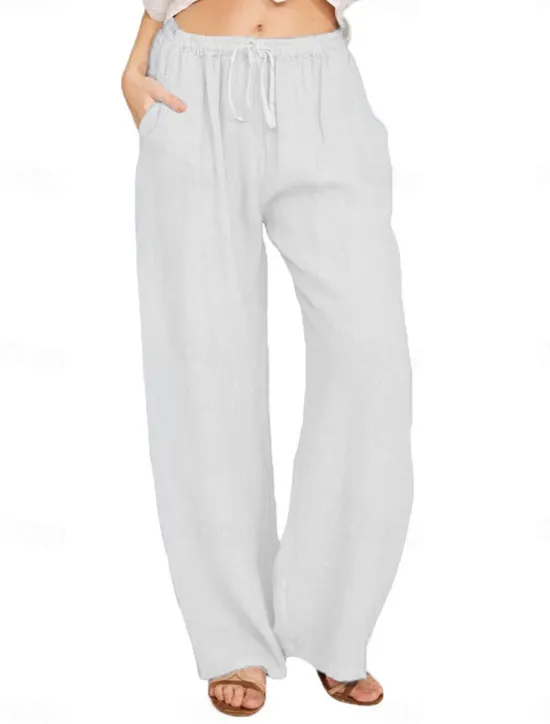 Clearance Women's Cotton Linen Pants Comfort Pure Color Pocket Elastic Waist Breathable Micro-elastic Home Black White Wine Navy Blue Summer Women Pants