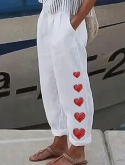 Hot Women's Cotton Linen Pants Baggy Pants Linen Like Vintage Casual Full Length Heart Floral Butterfly Side Pockets Baggy Print Comfort Inelastic Vacation Daily White Yellow Red Blue Fall Regular Fit Women Pants