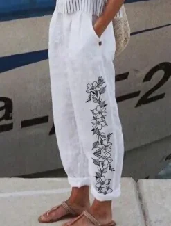 Hot Women's Cotton Linen Pants Baggy Pants Linen Like Vintage Casual Full Length Heart Floral Butterfly Side Pockets Baggy Print Comfort Inelastic Vacation Daily White Yellow Red Blue Fall Regular Fit Women Pants