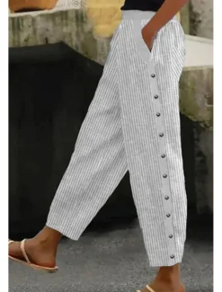 Discount Women's Cotton Linen Pants Slacks Pants Trousers Classic Casual Full Length Natural Striped Pocket Breathability Soft Comfortable Micro-elastic Street Daily Wear Light Sky Blue Grey Light Green Summer Women Pants