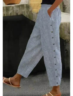 Discount Women's Cotton Linen Pants Slacks Pants Trousers Classic Casual Full Length Natural Striped Pocket Breathability Soft Comfortable Micro-elastic Street Daily Wear Light Sky Blue Grey Light Green Summer Women Pants