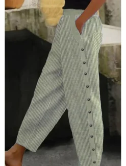 Discount Women's Cotton Linen Pants Slacks Pants Trousers Classic Casual Full Length Natural Striped Pocket Breathability Soft Comfortable Micro-elastic Street Daily Wear Light Sky Blue Grey Light Green Summer Women Pants