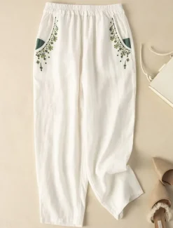 Outlet Women's Cotton Linen Pants Chinos Fashion Basic Full Length High Waist Floral Embroidered Comfort Outdoor Micro-elastic Vacation Street Daily White Yellow Apricot Coffee Summer Spring Fall Regular Fit Women Pants
