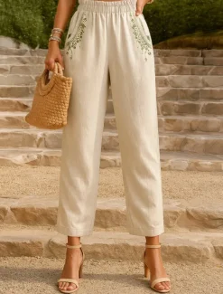 Outlet Women's Cotton Linen Pants Chinos Fashion Basic Full Length High Waist Floral Embroidered Comfort Outdoor Micro-elastic Vacation Street Daily White Yellow Apricot Coffee Summer Spring Fall Regular Fit Women Pants