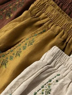 Outlet Women's Cotton Linen Pants Chinos Fashion Basic Full Length High Waist Floral Embroidered Comfort Outdoor Micro-elastic Vacation Street Daily White Yellow Apricot Coffee Summer Spring Fall Regular Fit Women Pants
