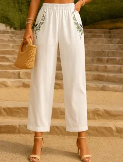 Outlet Women's Cotton Linen Pants Chinos Fashion Basic Full Length High Waist Floral Embroidered Comfort Outdoor Micro-elastic Vacation Street Daily White Yellow Apricot Coffee Summer Spring Fall Regular Fit Women Pants