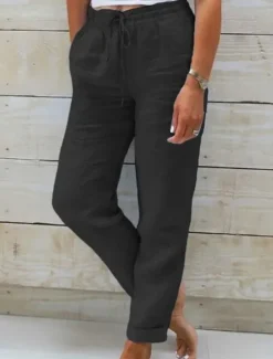 New Women's Cotton Linen Pants Chinos Pants Trousers Basic Casual Long High Waist Plain Pocket Elastic Drawstring Design High Cut Breathability Soft Micro-elastic Street Daily Wear Black White Green Khaki Women Pants