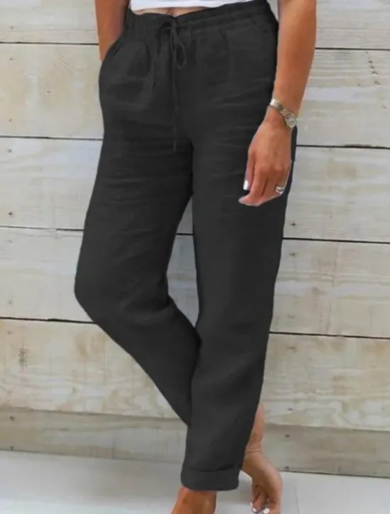New Women's Cotton Linen Pants Chinos Pants Trousers Basic Casual Long High Waist Plain Pocket Elastic Drawstring Design High Cut Breathability Soft Micro-elastic Street Daily Wear Black White Green Khaki Women Pants
