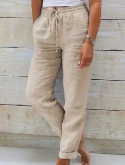 New Women's Cotton Linen Pants Chinos Pants Trousers Basic Casual Long High Waist Plain Pocket Elastic Drawstring Design High Cut Breathability Soft Micro-elastic Street Daily Wear Black White Green Khaki Women Pants