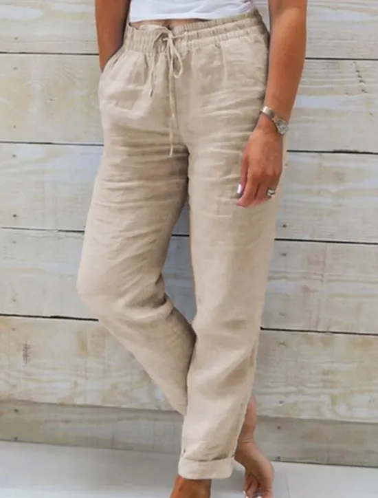 New Women's Cotton Linen Pants Chinos Pants Trousers Basic Casual Long High Waist Plain Pocket Elastic Drawstring Design High Cut Breathability Soft Micro-elastic Street Daily Wear Black White Green Khaki Women Pants