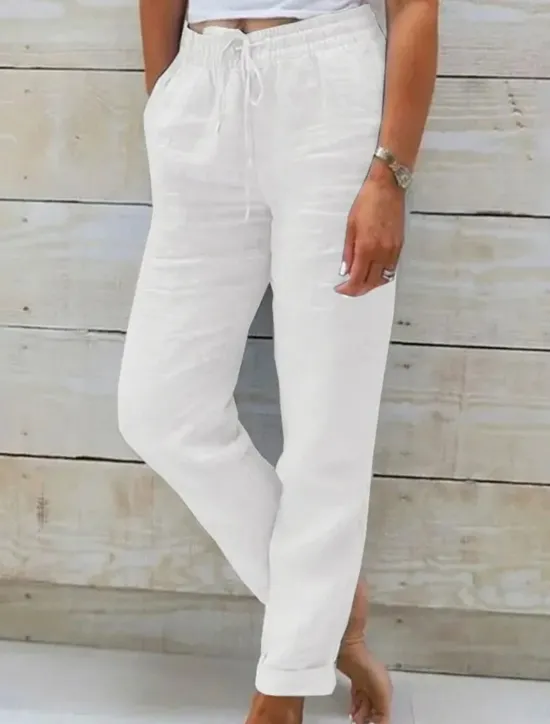 New Women's Cotton Linen Pants Chinos Pants Trousers Basic Casual Long High Waist Plain Pocket Elastic Drawstring Design High Cut Breathability Soft Micro-elastic Street Daily Wear Black White Green Khaki Women Pants