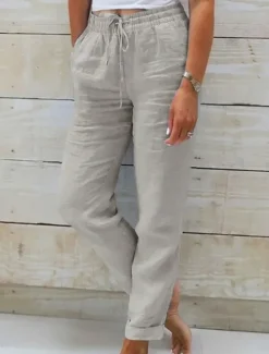 New Women's Cotton Linen Pants Chinos Pants Trousers Basic Casual Long High Waist Plain Pocket Elastic Drawstring Design High Cut Breathability Soft Micro-elastic Street Daily Wear Black White Green Khaki Women Pants