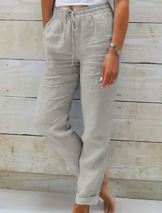 New Women's Cotton Linen Pants Chinos Pants Trousers Basic Casual Long High Waist Plain Pocket Elastic Drawstring Design High Cut Breathability Soft Micro-elastic Street Daily Wear Black White Green Khaki Women Pants