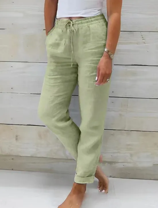 New Women's Cotton Linen Pants Chinos Pants Trousers Basic Casual Long High Waist Plain Pocket Elastic Drawstring Design High Cut Breathability Soft Micro-elastic Street Daily Wear Black White Green Khaki Women Pants