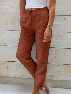 New Women's Cotton Linen Pants Chinos Pants Trousers Basic Casual Long High Waist Plain Pocket Elastic Drawstring Design High Cut Breathability Soft Micro-elastic Street Daily Wear Black White Green Khaki Women Pants