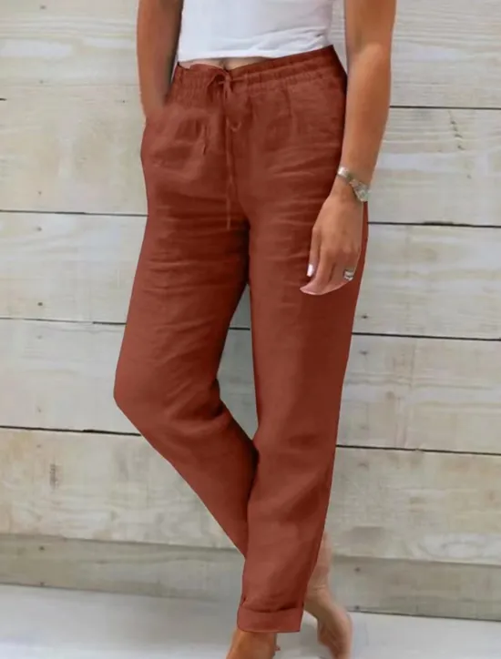 New Women's Cotton Linen Pants Chinos Pants Trousers Basic Casual Long High Waist Plain Pocket Elastic Drawstring Design High Cut Breathability Soft Micro-elastic Street Daily Wear Black White Green Khaki Women Pants