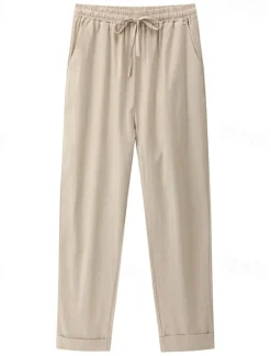 New Women's Cotton Linen Pants Chinos Pants Trousers Basic Casual Long High Waist Plain Pocket Elastic Drawstring Design High Cut Breathability Soft Micro-elastic Street Daily Wear Black White Green Khaki Women Pants