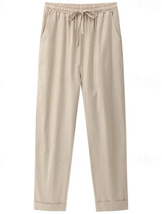 New Women's Cotton Linen Pants Chinos Pants Trousers Basic Casual Long High Waist Plain Pocket Elastic Drawstring Design High Cut Breathability Soft Micro-elastic Street Daily Wear Black White Green Khaki Women Pants