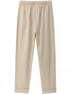 New Women's Cotton Linen Pants Chinos Pants Trousers Basic Casual Long High Waist Plain Pocket Elastic Drawstring Design High Cut Breathability Soft Micro-elastic Street Daily Wear Black White Green Khaki Women Pants