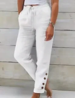Discount Women's Cotton Linen Pants Chinos Vacation Vintage Fashion Full Length High Waist Plain Pocket Elastic Waistband Comfy Soft Comfortable Micro-elastic Outdoor Street Black White Light Green Red Spring Women Pants