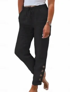 Discount Women's Cotton Linen Pants Chinos Vacation Vintage Fashion Full Length High Waist Plain Pocket Elastic Waistband Comfy Soft Comfortable Micro-elastic Outdoor Street Black White Light Green Red Spring Women Pants