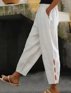 Women's Cotton Linen Pants Chinos Fashion Streetwear Ankle-Length High Waist Plain Pocket Elastic Waistband Comfy Soft Comfortable Micro-elastic Outdoor Street dark brown Deep Green Wine Robin's Egg Women Pants