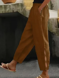 Women's Cotton Linen Pants Chinos Fashion Streetwear Ankle-Length High Waist Plain Pocket Elastic Waistband Comfy Soft Comfortable Micro-elastic Outdoor Street dark brown Deep Green Wine Robin's Egg Women Pants
