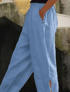 Women's Cotton Linen Pants Chinos Fashion Streetwear Ankle-Length High Waist Plain Pocket Elastic Waistband Comfy Soft Comfortable Micro-elastic Outdoor Street dark brown Deep Green Wine Robin's Egg Women Pants