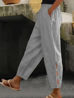 Women's Cotton Linen Pants Chinos Fashion Streetwear Ankle-Length High Waist Plain Pocket Elastic Waistband Comfy Soft Comfortable Micro-elastic Outdoor Street dark brown Deep Green Wine Robin's Egg Women Pants