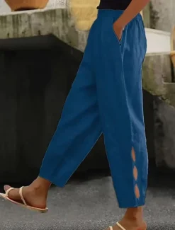 Women's Cotton Linen Pants Chinos Fashion Streetwear Ankle-Length High Waist Plain Pocket Elastic Waistband Comfy Soft Comfortable Micro-elastic Outdoor Street dark brown Deep Green Wine Robin's Egg Women Pants