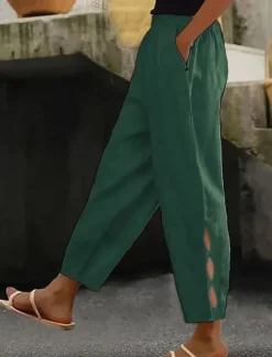 Women's Cotton Linen Pants Chinos Fashion Streetwear Ankle-Length High Waist Plain Pocket Elastic Waistband Comfy Soft Comfortable Micro-elastic Outdoor Street dark brown Deep Green Wine Robin's Egg Women Pants