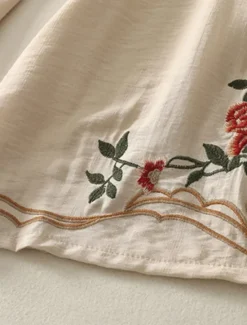 Women's Cotton Linen Pants Chinos Ethnic Style Basic Casual Full Length High Waist Floral Embroidered Pocket Elastic Waist Comfort Outdoor Micro-elastic Vacation Street Daily Khaki Beige Summer Women Pants