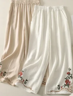 Women's Cotton Linen Pants Chinos Ethnic Style Basic Casual Full Length High Waist Floral Embroidered Pocket Elastic Waist Comfort Outdoor Micro-elastic Vacation Street Daily Khaki Beige Summer Women Pants