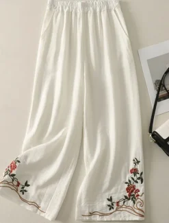 Women's Cotton Linen Pants Chinos Ethnic Style Basic Casual Full Length High Waist Floral Embroidered Pocket Elastic Waist Comfort Outdoor Micro-elastic Vacation Street Daily Khaki Beige Summer Women Pants