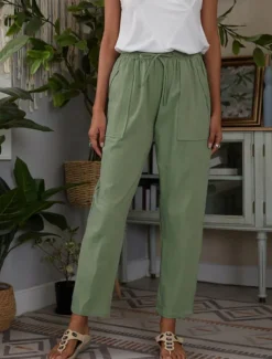 Discount Women's Cotton Linen Pants Chinos Classic Style Full Length High Waist Plain Pocket Elastic Waistband Comfy Soft Comfortable Micro-elastic Outdoor Street Purple Green Summer Spring Regular Fit Women Pants
