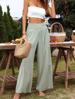 New Women's Cotton Linen Pants Wide Leg Chinos Basic Casual Full Length High Waist Plain Elastic Waistband Comfy Soft Comfortable Stretchy Outdoor Street Black White Blue Light Purple Summer Spring Women Pants