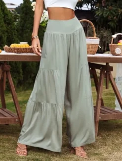 New Women's Cotton Linen Pants Wide Leg Chinos Basic Casual Full Length High Waist Plain Elastic Waistband Comfy Soft Comfortable Stretchy Outdoor Street Black White Blue Light Purple Summer Spring Women Pants