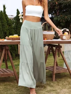 New Women's Cotton Linen Pants Wide Leg Chinos Basic Casual Full Length High Waist Plain Elastic Waistband Comfy Soft Comfortable Stretchy Outdoor Street Black White Blue Light Purple Summer Spring Women Pants