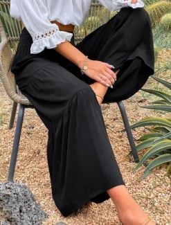 New Women's Cotton Linen Pants Wide Leg Chinos Basic Casual Full Length High Waist Plain Elastic Waistband Comfy Soft Comfortable Stretchy Outdoor Street Black White Blue Light Purple Summer Spring Women Pants