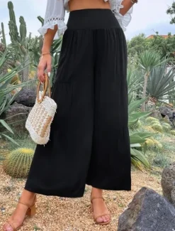 New Women's Cotton Linen Pants Wide Leg Chinos Basic Casual Full Length High Waist Plain Elastic Waistband Comfy Soft Comfortable Stretchy Outdoor Street Black White Blue Light Purple Summer Spring Women Pants
