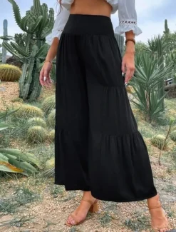 New Women's Cotton Linen Pants Wide Leg Chinos Basic Casual Full Length High Waist Plain Elastic Waistband Comfy Soft Comfortable Stretchy Outdoor Street Black White Blue Light Purple Summer Spring Women Pants